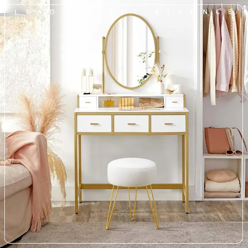 Vista 2 de LUE BONA Taburete de tocador, taburetes de tocador blancos para sala de maquillaje, taburete otomano redondo, reposapiés de terciopelo para tocador