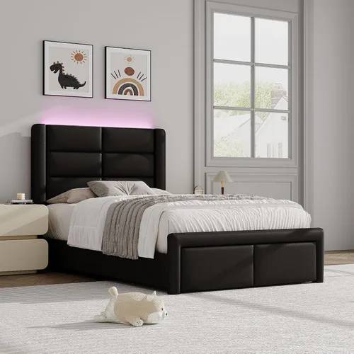 Vista 7 de Base de cama individual con cabecero tapizado y luces LED, moderno marco de cama de piel sintética con soporte de listones de madera y base