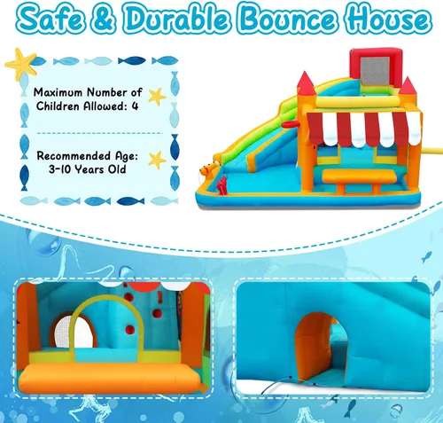 Vista 5 de FBSPORT - Casa inflable de rebote con tobogán acuático, casa de rebote para niños con soporte de juguete, piscina de salpicaduras, pared de Naranja