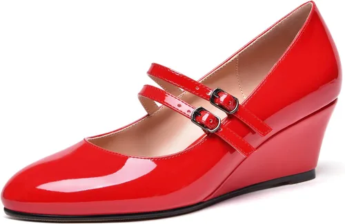Vista 16 de SHOWFOREST Zapatos de tacón bajo con hebilla de punta redonda para mujer, con correa ajustable y correa ajustable, 2 pulgadas Beige