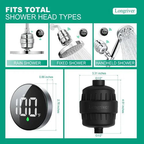 Vista 5 de Tem8(R7Pro) Accesorio de filtro de ducha de baño con pantalla de temperatura inalámbrica Purificador de agua dura 99.99% elimina cloro y metales