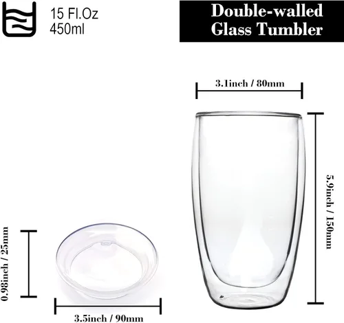 Vista 6 de Taza de café de vidrio de borosilicato de doble pared para café caliente o helado, leche, té (15 onzas)
