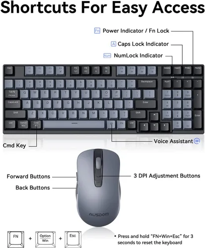 Vista 4 de AUSDOM Combo de teclado y mouse inalámbricos: 98 teclas, teclado silencioso de computadora de 2.4 G y mouse silencioso ajustable de 3 DPI, teclado