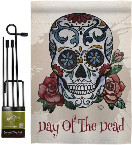 Vista 14 de Bandera de arpillera para jardín del Día de los Muertos, fiesta mexicana, otoño, pequeño regalo, decoración para patio, casa, de doble cara