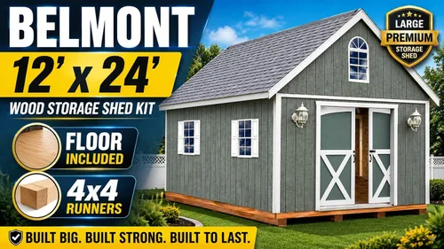 Vista 3 de Kit de cobertizo para almacenamiento de madera Belmont de 12 x 24 pies con piso que incluye corredores de 4 x 4
