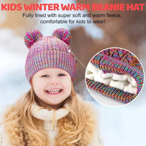 Vista 5 de Winter Hat for Kids Toddler Children, Girls Beanie with Double Pom Pom Warm Fleece Lined, Girls Accessories Knit Beanies Cap