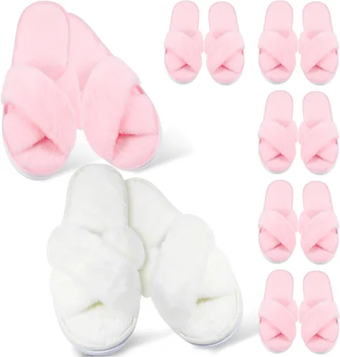 Vista 10 de JenPen 7 pares de pantuflas peludas para damas de honor con banda cruzada Blanco