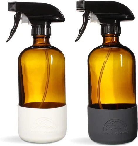 Vista 7 de SAVVY PLANET Botellas vacías de vidrio ámbar con protección de funda de silicona, recipientes recargables de 16 onzas para productos de limpieza