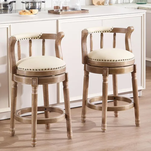 Vista 8 de RAINMOOD Taburetes de bar giratorios de cuero genuino beige mostrador de barra de madera con reposapiés para cocina, comedor, sala de estar