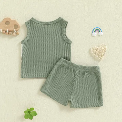 Vista 41 de Ropa de bebé niño sin mangas + pantalones cortos con estampado a rayas con bolsillos, 2 piezas de trajes de verano