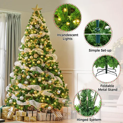 Vista 2 de Yaheetech - Árbol artificial de Navidad preiluminado de 9 pies con luces incandescentes de color blanco cálido, árbol de Navidad preiluminado Verde