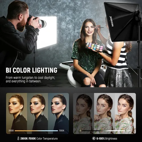 Vista 5 de NEEWER Kit de iluminación de caja de luz equivalente a 900 W de 24 x 24 pulgadas con soportes de trípode, bombillas LED bicolor de 45 W de 2.4 G