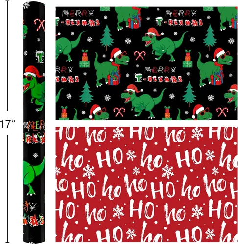 Vista 7 de Homeral Rollo de papel de regalo de Navidad de dinosaurio para niños, dinosaurio negro fresco con decoraciones y letras rojas, envoltura de regalo