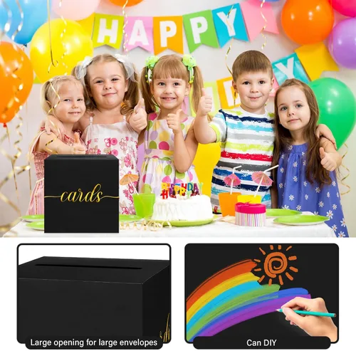Vista 4 de 1 Paquete Caja de Tarjetas Negra y Dorada para Fiesta, Caja de Tarjetas de Regalo Negra de 8.7" para Cumpleaños, Boda, Baby Shower, Jubilación