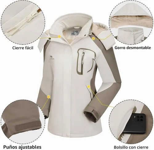 Vista 4 de Camel Crown Chaqueta de esquí para mujer, abrigo de nieve para invierno, vellón cálido, impermeable, chaqueta para snowboard M-Beige