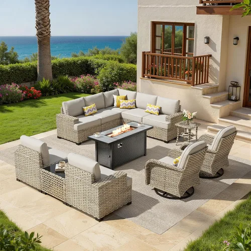 Vista 60 de HOOOWOOO Juego de muebles seccionales de patio con mesa de luz solar, 6 piezas de mimbre para exteriores, sofá en forma de L, juego de conversación