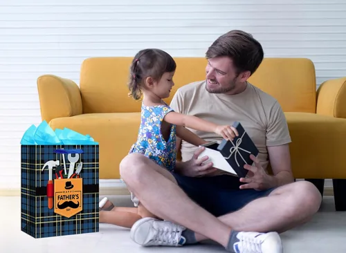 Vista 3 de WaaHome Bolsa de regalo para el día del padre para papá, con papel de seda y asa, 13 x 10.5 x 5.8 pulgadas, bolsa de regalo grande azul para el día