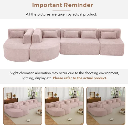 Vista 3 de P PURLOVE Sofá modular seccional, 4 sofás combinados gratis, tela Boucle tapizado moderno con 2 tumbonas y 5 almohadas traseras para sala de estar