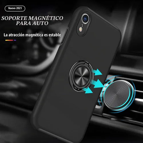 Vista 3 de Funda compatible con iPhone XR con protector de pantalla de vidrio templado para hombres, funda protectora ligera 2 en 1 con soporte de anillo Negro