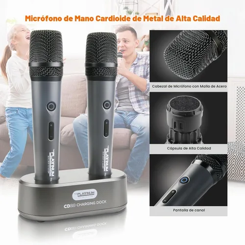 Vista 4 de Micrófono inalámbrico platino para entrada de micrófono UHF Metal Dinámico Micrófono multipropósito con base y receptor recargable Rango de 160 pies