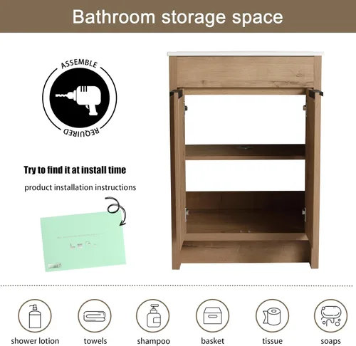 Vista 4 de Malwee Tocador de baño independiente de 24 pulgadas con lavabo, tocador de baño de pie de 24'', tocador moderno con 2 puertas y encimera de lavabo