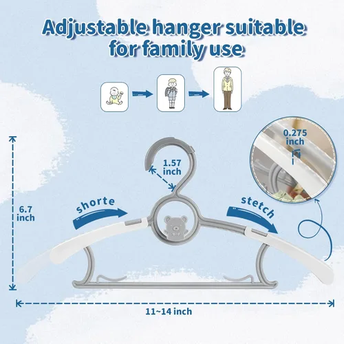 Vista 2 de Perchas ajustables para bebé, extensibles y apilables, perchas de plástico antideslizante de 11 a 14 pulgadas, perchas para niños pequeños