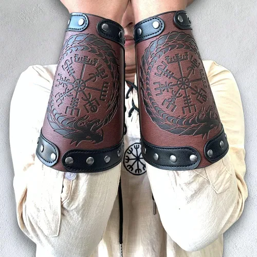 Vista 4 de Brazaletes vikingos de cuero sintético, muñequera de guantelete de cuero, brazaletes medievales, armadura de brazo, caballero LARP, 2 piezas