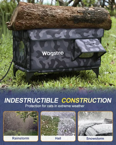Vista 3 de Casa climatizada para gatos para exteriores, casa aislada a la intemperie para gatos al aire libre con aleros impermeables y puerta de escape