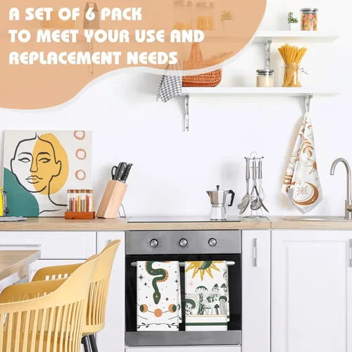 Vista 4 de Zubebe Paquete de 6 toallas de cocina bohemias de 18 x 28 pulgadas, toallas de cocina absorbentes con diseño de hongos y luna celestial, regalos