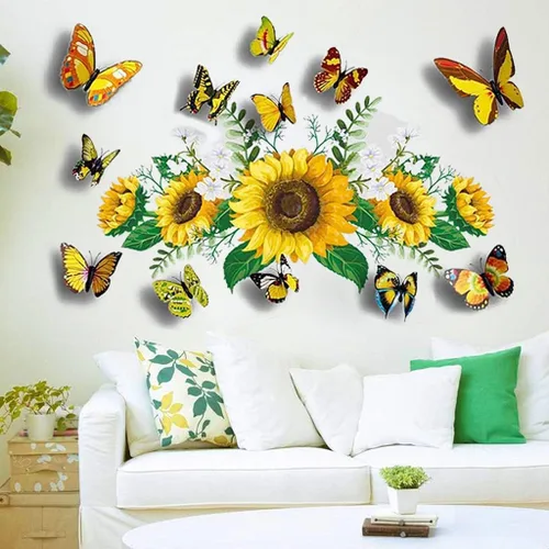 Vista 6 de Calcomanías de pared de girasol con mariposa 3D, calcomanías de pared de flores amarillas, SPRT impermeable y extraíble, calcomanías de pared