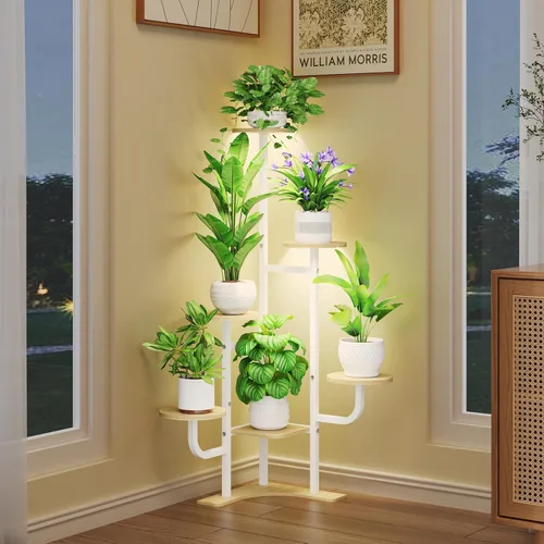 Vista 11 de Homsorout Soporte de esquina para plantas con luz de crecimiento, soporte para plantas de 6 niveles, estante redondo de metal para plantas con luz