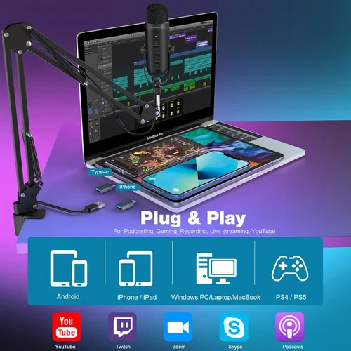 Vista 2 de ZealSound Micrófono de podcast con brazo de brazo, micrófono USB con reducción de ruido, silencio, eco y control de volumen, monitoreo de latencia