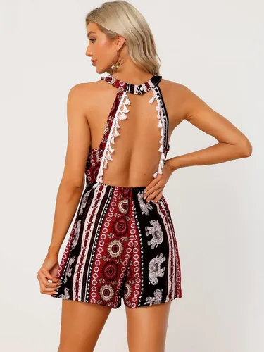 Vista 4 de Allegra K Enterizo corto sin mangas con cuello halter y estampado floral para mujer