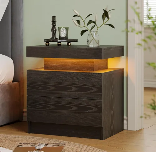 Vista 8 de Mesita de noche LED negra moderna con 2 cajones para mesa auxiliar de dormitorio