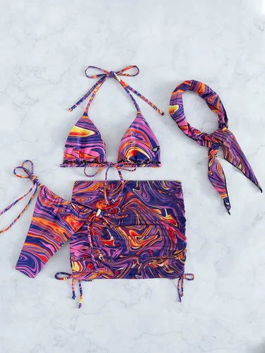 Vista 2 de SOLY HUX - Traje de baño de 4 piezas para mujeres, bikini triangular, falda de malla para la playa y bandana