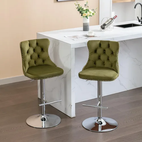 Vista 78 de Juego de 2 modernos taburetes de bar giratorios ajustables, sillas de bar copetudas de terciopelo beige con respaldo y ribete de cabeza de clavo