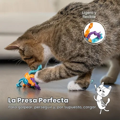 Vista 6 de Catstages Catnip Tons of Tails - Juguete interactivo masticable dental con hierba gatera para gatos con cuerda, cinta y algodón para batear