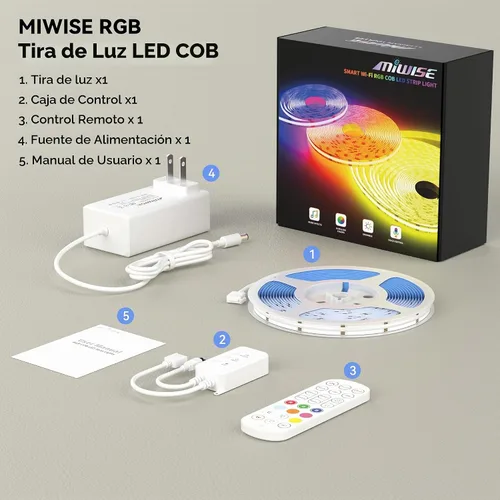 Vista 8 de MIWISE Tira de luces LED RGB COB 9.84 pies/3m, tira de luz de cambio de color regulable DC24V, compatible con Alexa/Google Assistant/Tuya, cinta