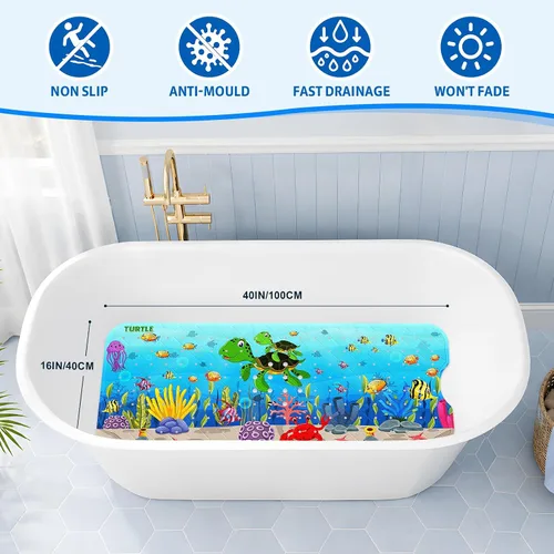 Vista 3 de XIYUNTE Tapete de baño para bebé, para niños, 40 x 16 pulgadas, extralargo, antideslizante, de caricaturas, para tina o ducha, con ventosas