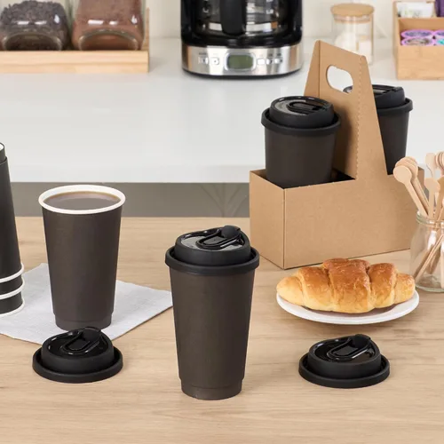 Vista 2 de Restaurantware Solo tapas: tapas Restpresso para tazas de café de papel de 8, 12, 16 y 20 onzas, 25 tapas de papel desechables con tapón Negro