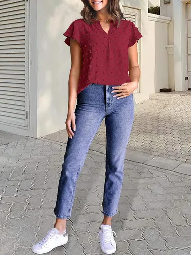 Vista 8 de MEROKEETY Blusa de manga corta con volantes y cuello en V para primavera 2026, para verano, con lunares suizos, elegante, informal, con vuelo
