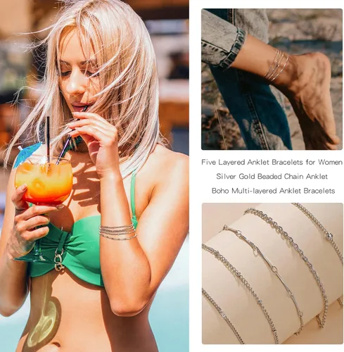 Vista 3 de Dcfywl731 Tobillera de cinco capas para mujer, cadena de cuentas de plata y oro, tobillera para adolescentes y niñas, pulseras de tobillo de varias