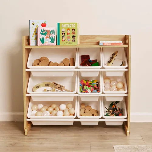 Vista 10 de ECR4Kids Organizador de 3 niveles con estante y 9 contenedores, almacenamiento para juguetes, natural oscuro/blanco