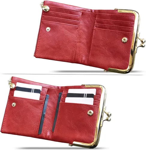 Vista 2 de PofeeXIO Billetera para mujer con RFID, pequeña, compacta, de piel, vintage, con cremallera y cierre de beso
