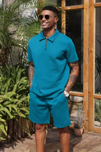 Vista 2 de Aulemen Conjunto deportivo de 2 piezas con cremallera para hombre, manga corta, camisa polo estampada y pantalones cortos, conjuntos de verano