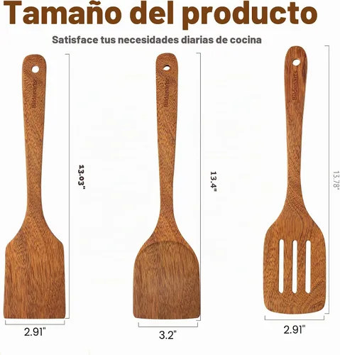 Vista 5 de Juego de 3 espátulas de madera natural, cuchara de cocina de madera maciza, antiadherente, utensilios de cocina ranurados, cucharas de madera