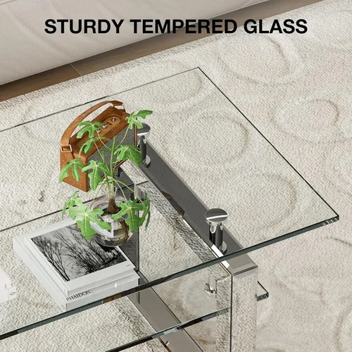 Vista 4 de IKIFLY Mesa de centro de cristal con tablas de vidrio de 2 niveles y patas de metal resistentes, mesa auxiliar rectangular de vidrio transparente