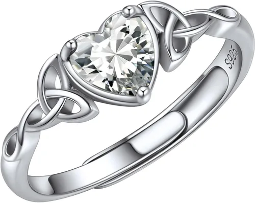 Vista 13 de ChicSilver Anillo de promesa de plata de ley 925 con nudo celta/corazón Claddagh en forma de corazón con piedra natal para mujer
