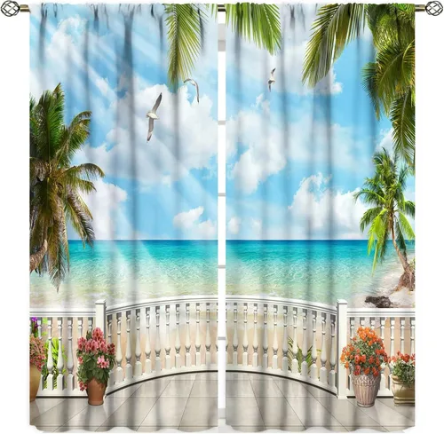 Vista 15 de Cortinas opacas para dormitorio con temática de vacaciones en la playa, palmeras, estilo verano, con bolsillo para barra, para sala de estar
