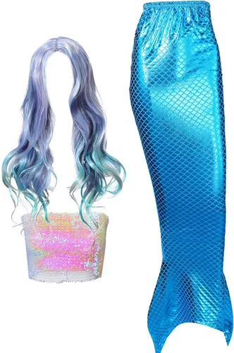Vista 2 de Cindeer Disfraz de sirena de 3 piezas para mujer, incluye blusa corta de sirena con lentejuelas, parte superior metálica sin tirantes, falda